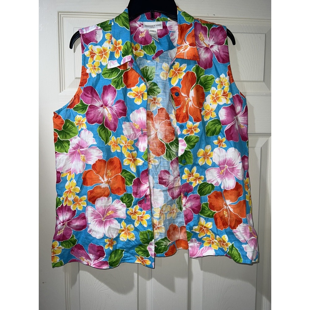 Jones New York 100% Linen Floral Hawaiian Shirt Women Top  Size 12  XL A008166